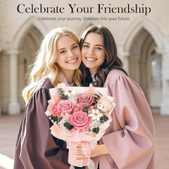 Preserved Flowers Bouquet with Bear, 3 Real Forever Flowers for Delivery, Long-Lasting Pink Eteranl Roses Bouquet Birthday Gifts for Women, Mother, Wife, Her