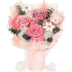 Preserved Flowers Bouquet with Bear, 3 Real Forever Flowers for Delivery, Long-Lasting Pink Eteranl Roses Bouquet Birthday Gifts for Women, Mother, Wife, Her