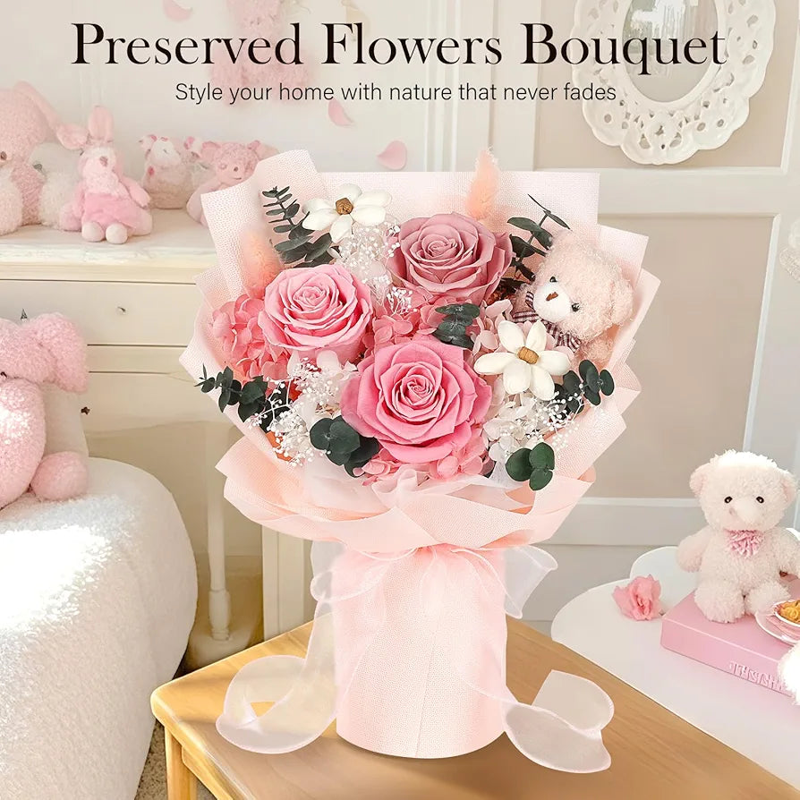Preserved Flowers Bouquet with Bear, 3 Real Forever Flowers for Delivery, Long-Lasting Pink Eteranl Roses Bouquet Birthday Gifts for Women, Mother, Wife, Her
