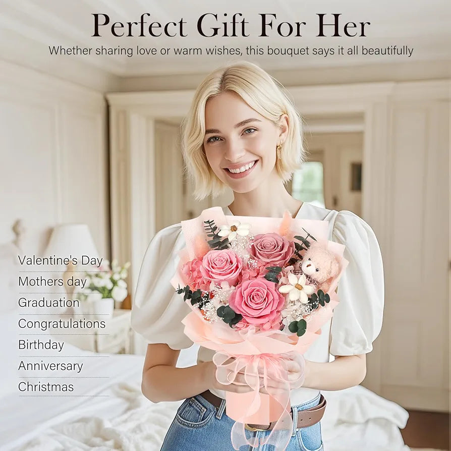 Preserved Flowers Bouquet with Bear, 3 Real Forever Flowers for Delivery, Long-Lasting Pink Eteranl Roses Bouquet Birthday Gifts for Women, Mother, Wife, Her
