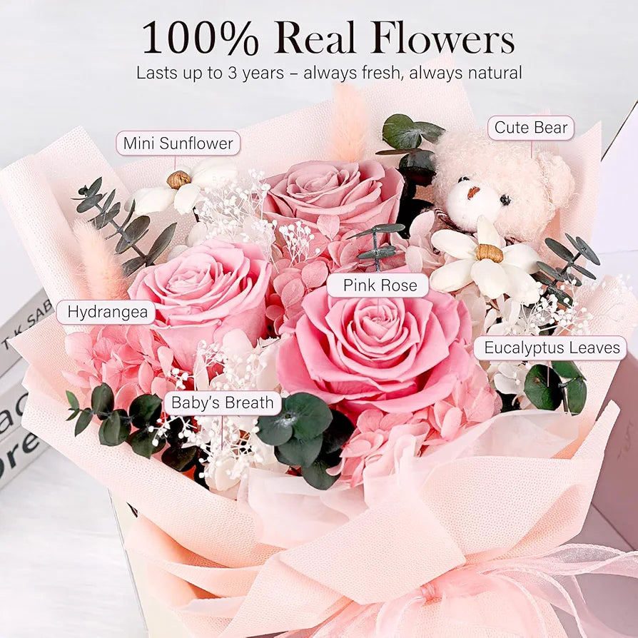 Preserved Flowers Bouquet with Bear, 3 Real Forever Flowers for Delivery, Long-Lasting Pink Eteranl Roses Bouquet Birthday Gifts for Women, Mother, Wife, Her